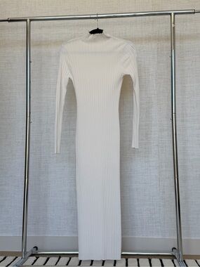 Long Sleeve White Ribbed Maxi Dress with Mock Neck